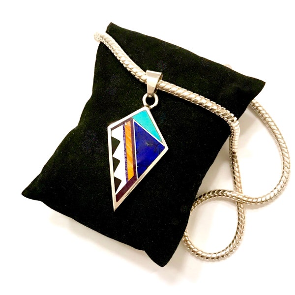 Frank Yellowhorse Inlayed Pendant Turquoise Lapis White Coral Spiny Oyster Jet Modernist Design Renown Navajo (Din-eh) Artist Great Gift