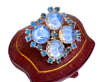 Givre Blue Rhinestone Brooch Wonderful Art Glass & Blue Rhinestones Silver Tone Metal Gift for Her