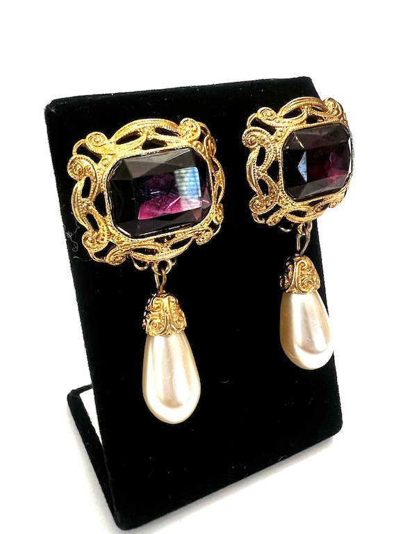 Elegant Purple Gold & Faux Pearl Dangle Earrings … - image 9