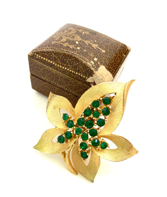 JJ Leaf Gold and Green Leaf Brooch Emerald Green … - image 6