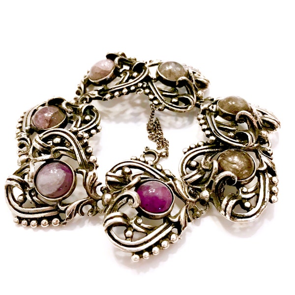 ProSA Amethyst Quartz Sterling Silver Bracelet, Heart Shaped Links, Intricate Metal Work, Amethyst Cabochons, Hallmarked, Gift for Her