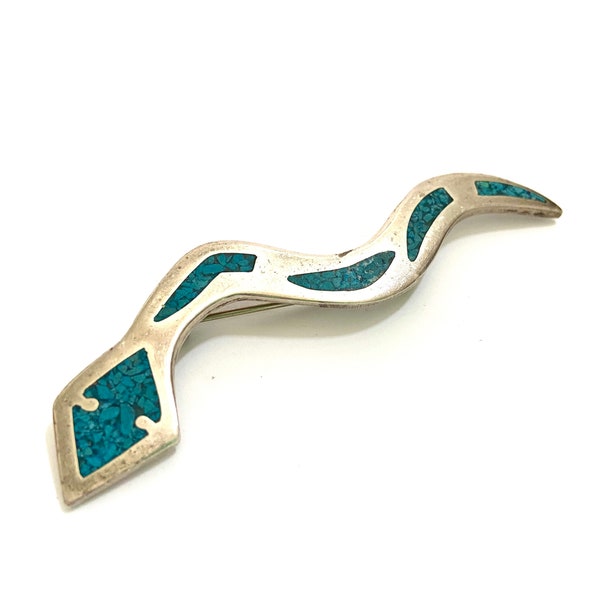 Taxco Sterling Silver and Turquoise Inlay Snake Brooch Mosaic Turquoise Inlay Over 3" Long Handcrafted 925 Silver Pin Boho Chic Unisex Gift
