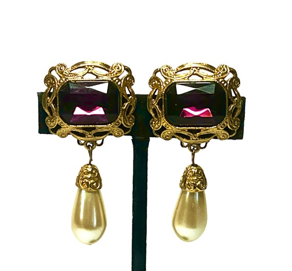 Elegant Purple Gold & Faux Pearl Dangle Earrings … - image 1
