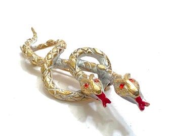 HTF Signed ART Two Snake Brooch White Enamel Textured Gold Plated Metal Arthur Pepper Design Gift for Her