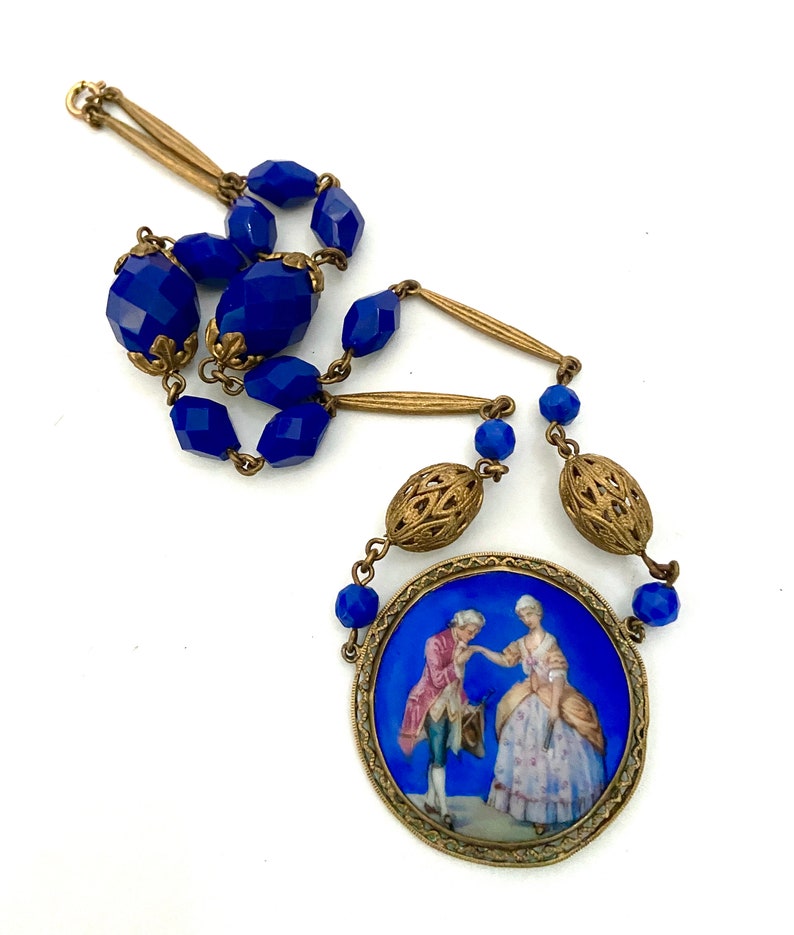 Czech Glass Courting Couple Necklace Hand Painted Medallion Cobalt Blue Faceted Czech Glass Beads Alternate Gold Filigree Beads Gift for Her