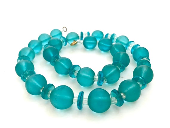 Aqua  & Clear Glass Bead Necklace, Translucent Aq… - image 3