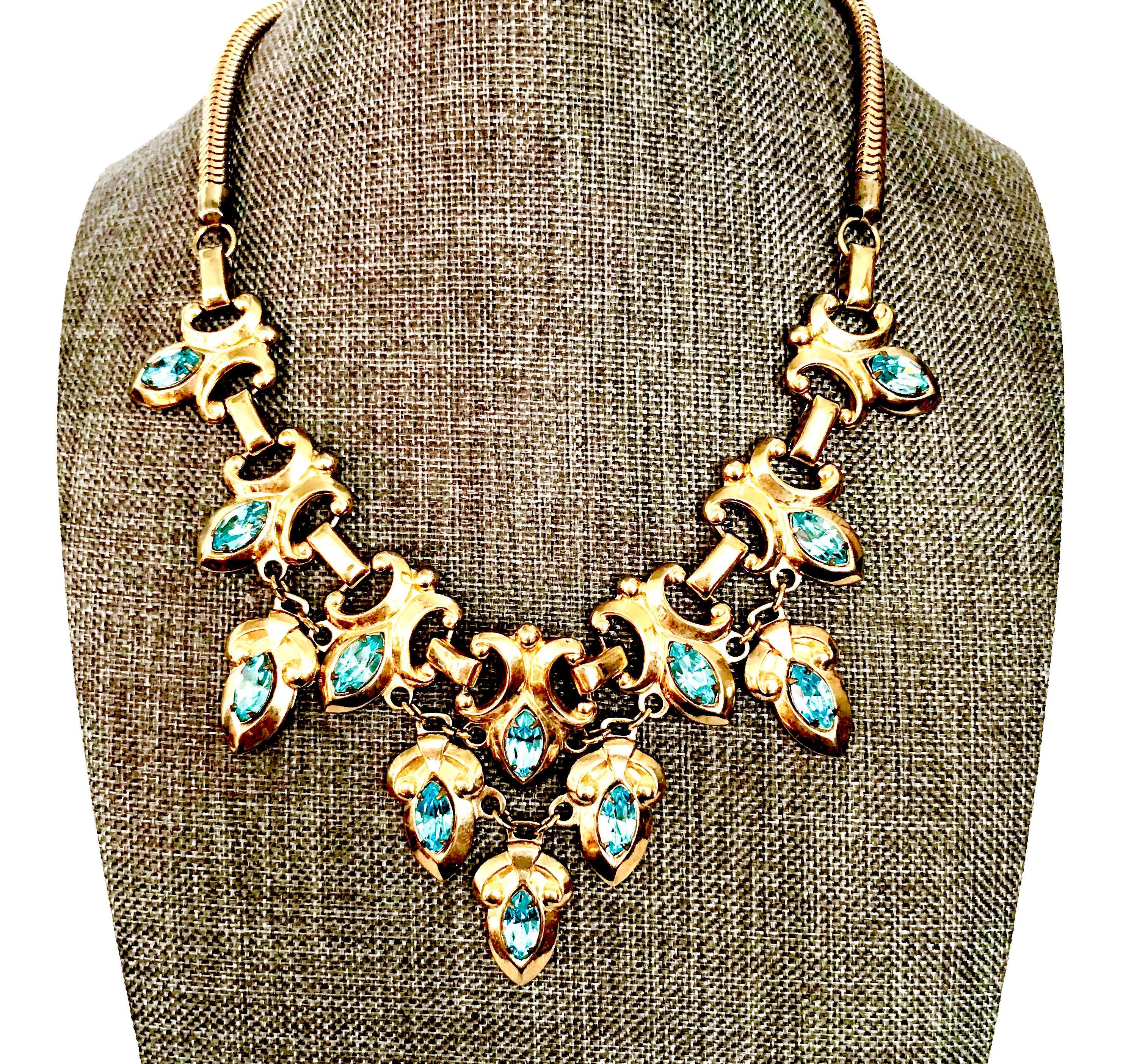Mid century Barclay Dangle Necklace Gold Tone Metal Blue Marquis Rhinestones Snake Chain Wedding Jewelry Signed Vintage Gift for Her Etsy Canada