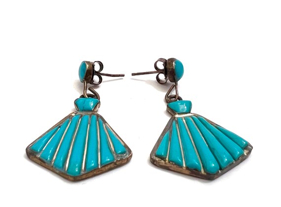 Sterling Silver and Turquoise Earrings Fan Shaped… - image 9