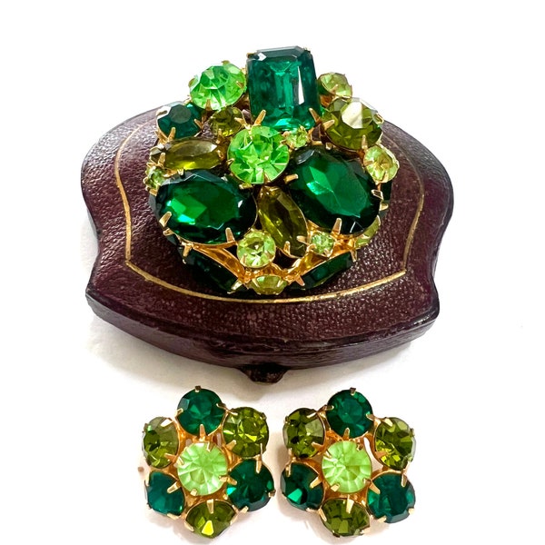 Shades of Green Rhinestone Demi Brooch and Earring Set Assorted Cuts and Sizes of Stones Dimensional Gift for Her