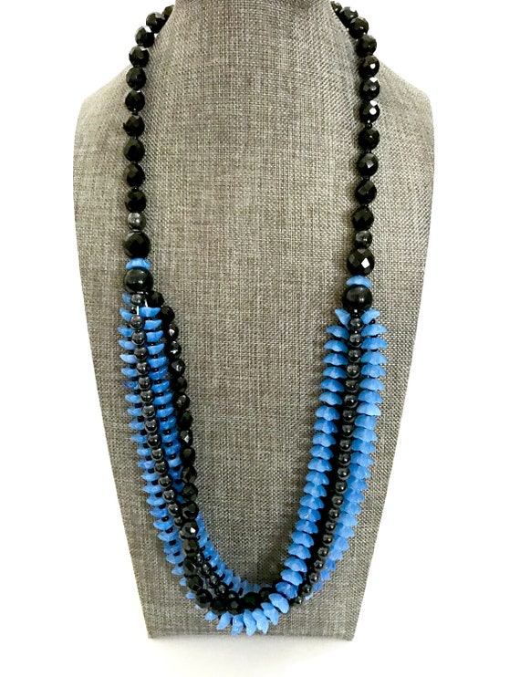 Czech Art Deco Gablonz Blue & Black Glass Bead Ne… - image 7