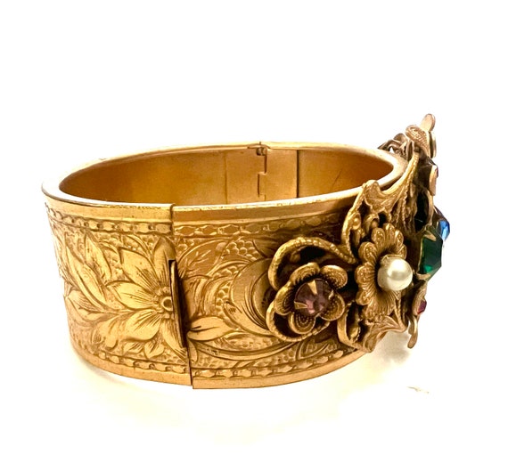 Wide Czech Filigree Floral Hinged Bangle Multi-Co… - image 9