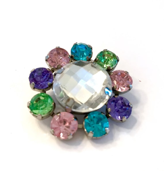Pastel Multi-Color Flower Brooch, Clear Checkerbo… - image 1