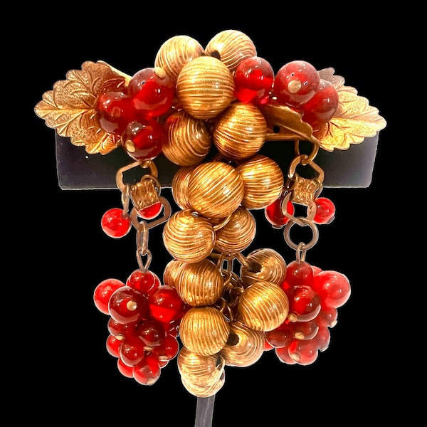 Miriam Haskell (unsigned) Large Dangle Brooch Red Glass Beads & Brass Ball Beads Wired on 1940’s Spectacular Find Gift for Her