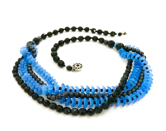 Czech Art Deco Gablonz Blue & Black Glass Bead Ne… - image 9