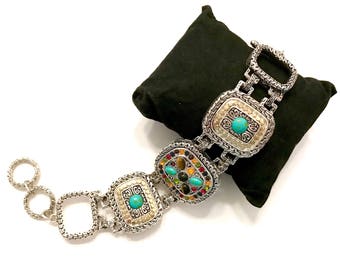 High End Designer Style Bracelet, Textured Silver Tone w/Gold Tone Accents, Faux Turquoise Tiger Eye Cabs, Multi Rhinestones, Gift for Her