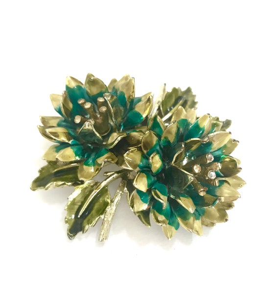 Vintage Iridescent Blue Green AB Rhinestone Enamel Metal Flower Pin Brooch
