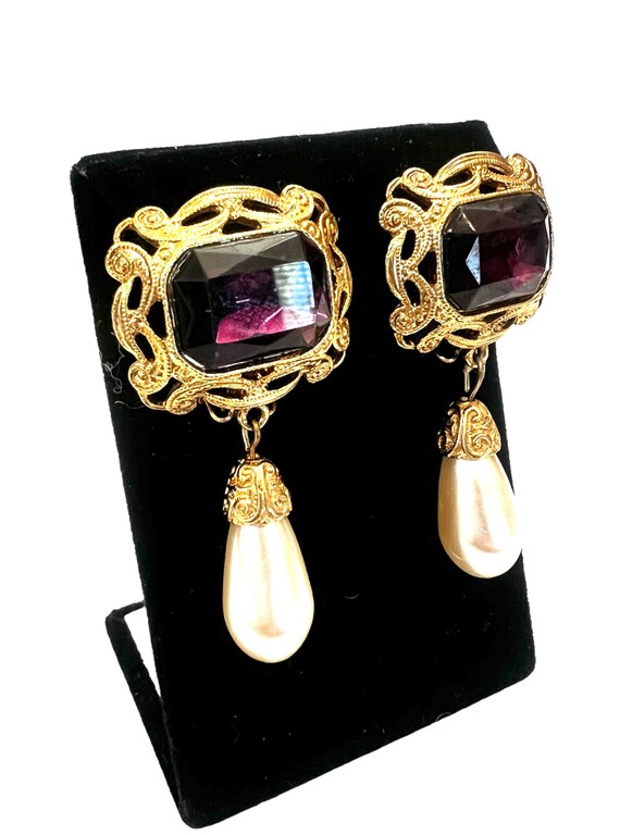 Elegant Purple Gold & Faux Pearl Dangle Earrings … - image 3