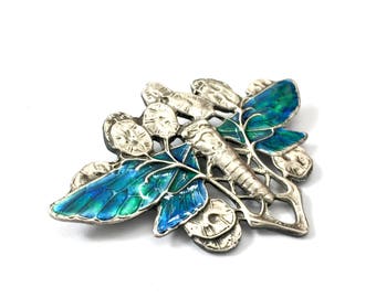 Art Nouveau Style Dragonfly Enamel Brooch, Blue Green Enamel Wings, English Hallmarks 1989, Statement Brooch, Vintage Figural, Gift for Her