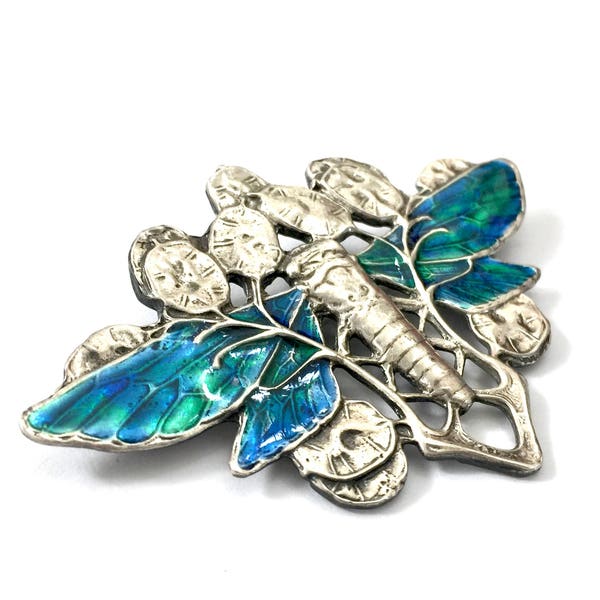Art Nouveau Style Dragonfly Enamel Brooch, Blue Green Enamel Wings, English Hallmarks 1989, Statement Brooch, Vintage Figural, Gift for Her