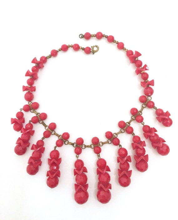 Red Plastic Dangle Bib Necklace, Funky Red Dangle… - image 3