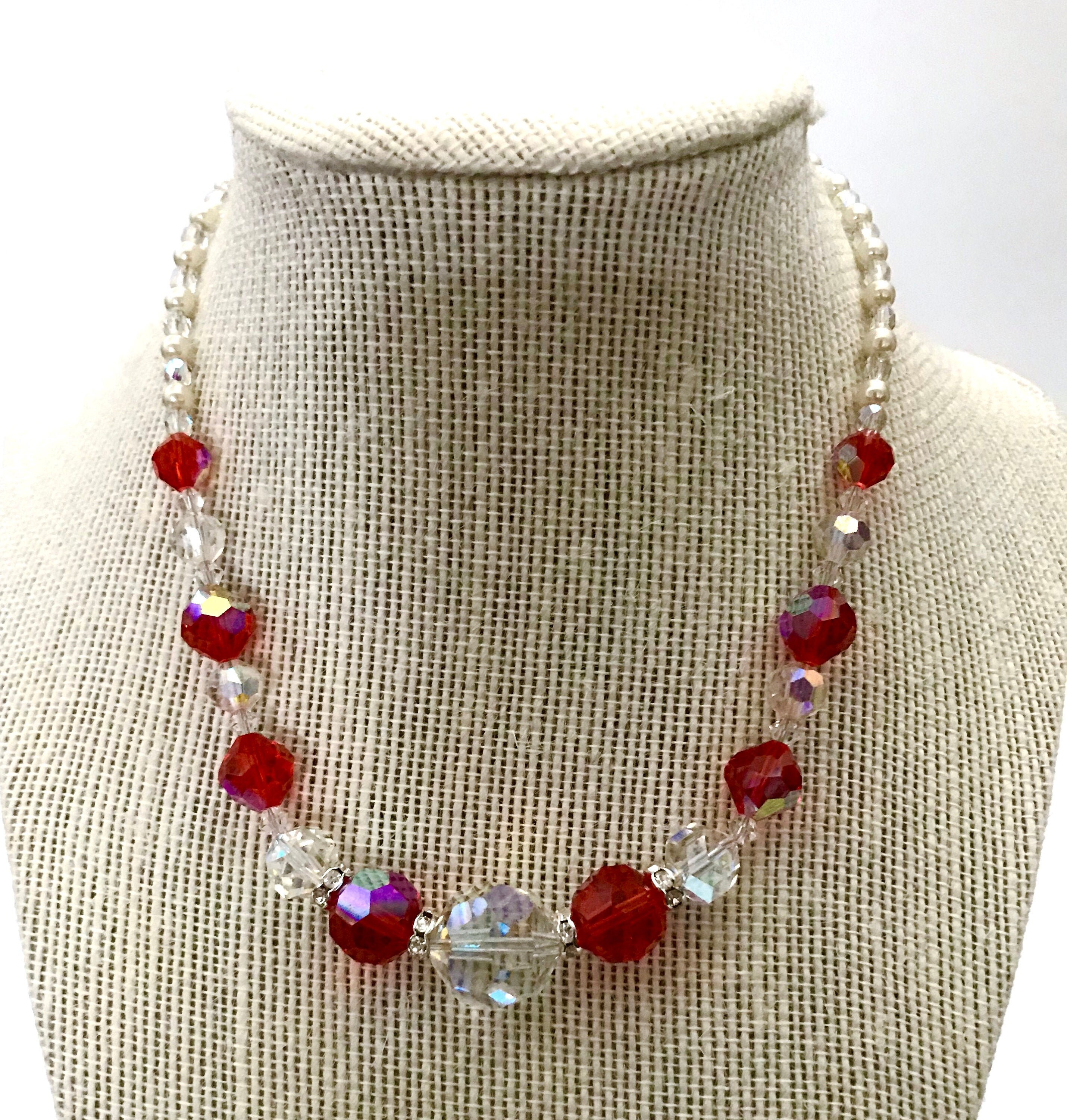 Red & Clear Glass Crystal Necklace Art Deco Style Rondelle Etsy