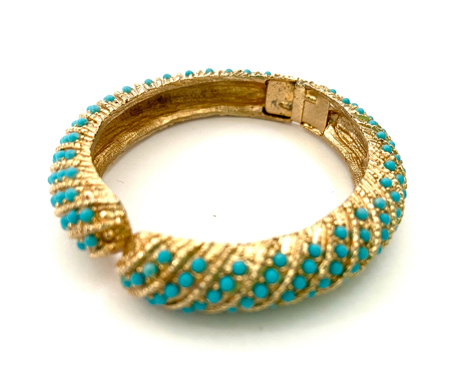Gold & Turquoise Hinged Bangle Textured Gold Tone Metal Angled Etsy