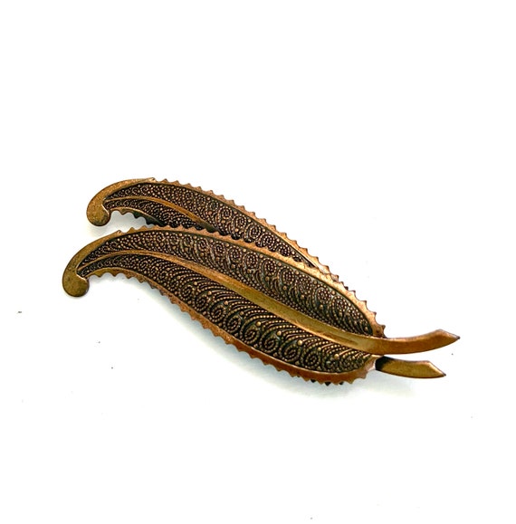 Copper Leaf Brooch Two Graceful Layered Leaves wi… - image 5