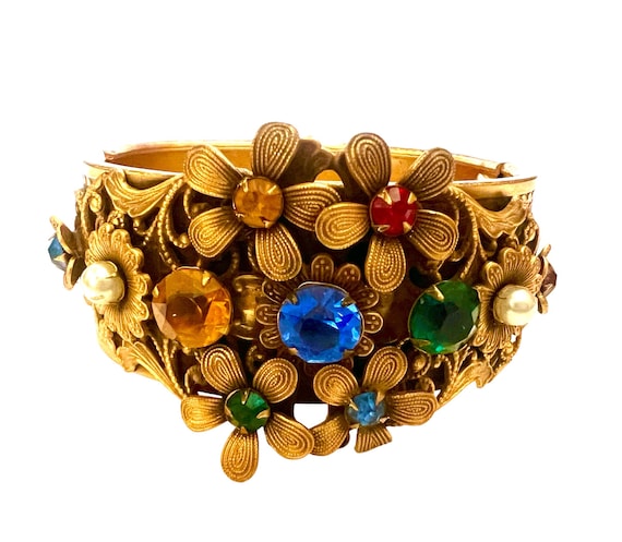 Wide Czech Filigree Floral Hinged Bangle Multi-Co… - image 1