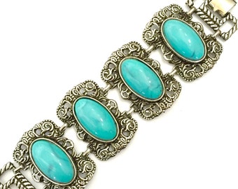Southwestern Style  Faux Turquoise Bracelet, Chunky Silver Tone Four Link Bracelet, Turquoise Lucite Cabochons, Antiqued Silver Tone Metal