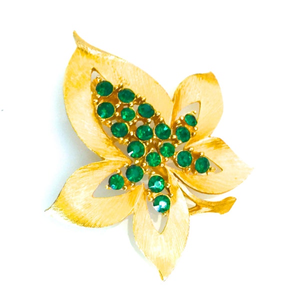 JJ Leaf Gold and Green Leaf Brooch Emerald Green … - image 8