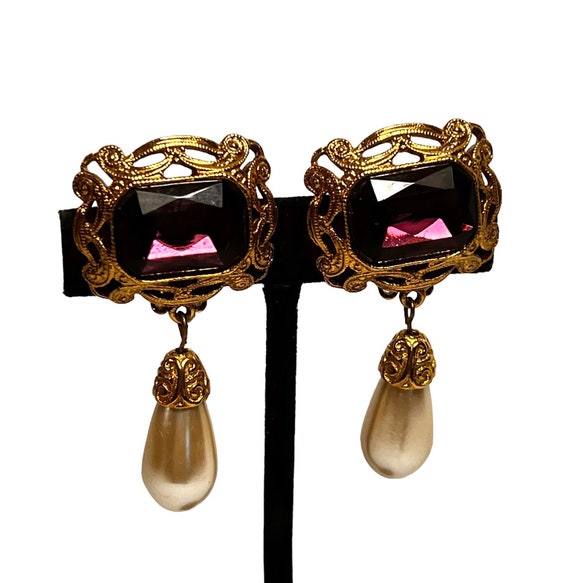Elegant Purple Gold & Faux Pearl Dangle Earrings … - image 6