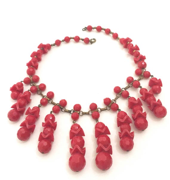 Red Plastic Dangle Bib Necklace, Funky Red Dangle… - image 7