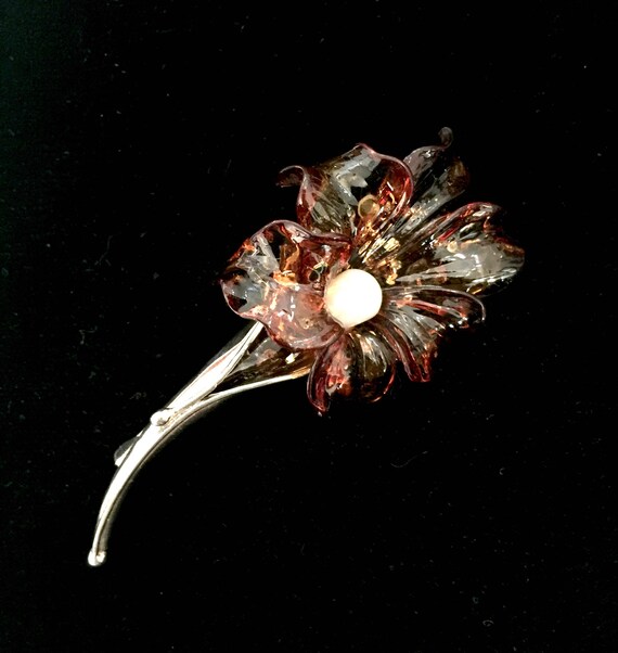 Sterling Silver Floral Brooch Dimensional Amber-l… - image 4