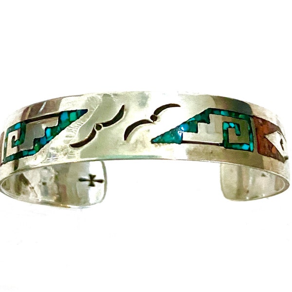 Navajo Sterling Silver Cuff Inlayed Traditional Symbols Mosaic Crushed Turquoise & Coral, Hand Stamping, 21.4g, Native American Holiday Gift