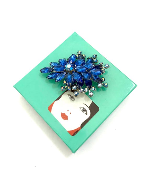 Cathe' Blue Rhinestone Floral Brooch, Blue Marqui… - image 3