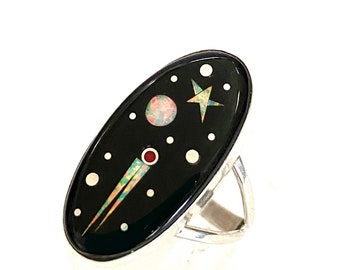 Matthew Jack Galaxy Inlayed Ring Navajo Artist Intricate Detail Galaxy Design Onyx w Opal and Coral 1970s 1980s US Size 7.5 Gift for Her