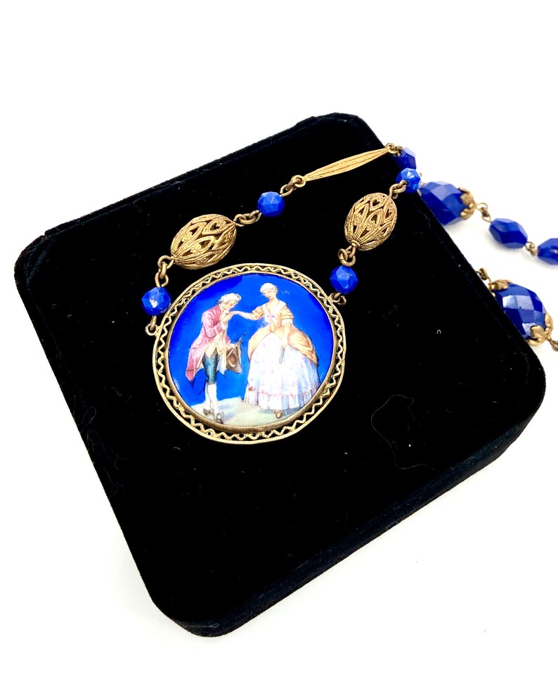 Czech Glass Courting Couple Necklace Hand Painted Medallion Cobalt Blue Faceted Czech Glass Beads Alternate Gold Filigree Beads Gift for Her