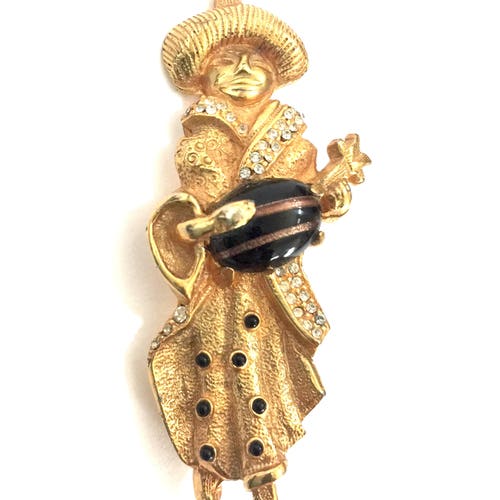 Rare Hobe' Figural Brooch, Traveling Minstrel Brooch, Gold Tone Pave Ice, Black Art Glass, shops Textured Gold Tone Metal, Vintage Designer Signed