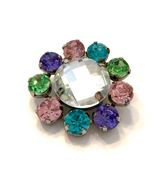 Pastel Multi-Color Flower Brooch, Clear Checkerbo… - image 3
