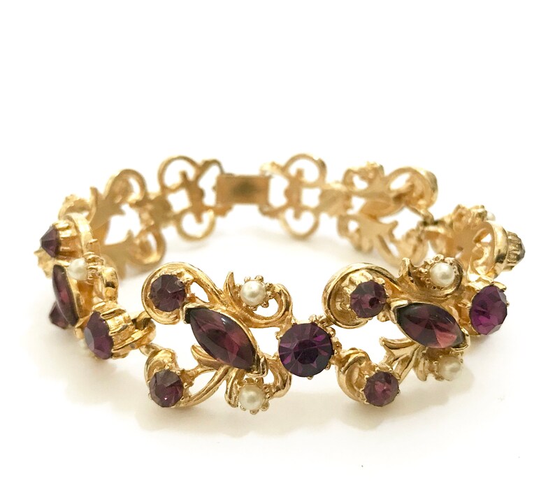 Florenza Rhinestone /& Fx Pearl Link Bracelet Amethyst Chaton Marquis Stones Faux Pearl Floral Swirled Gold Tone Wedding Gift for Her