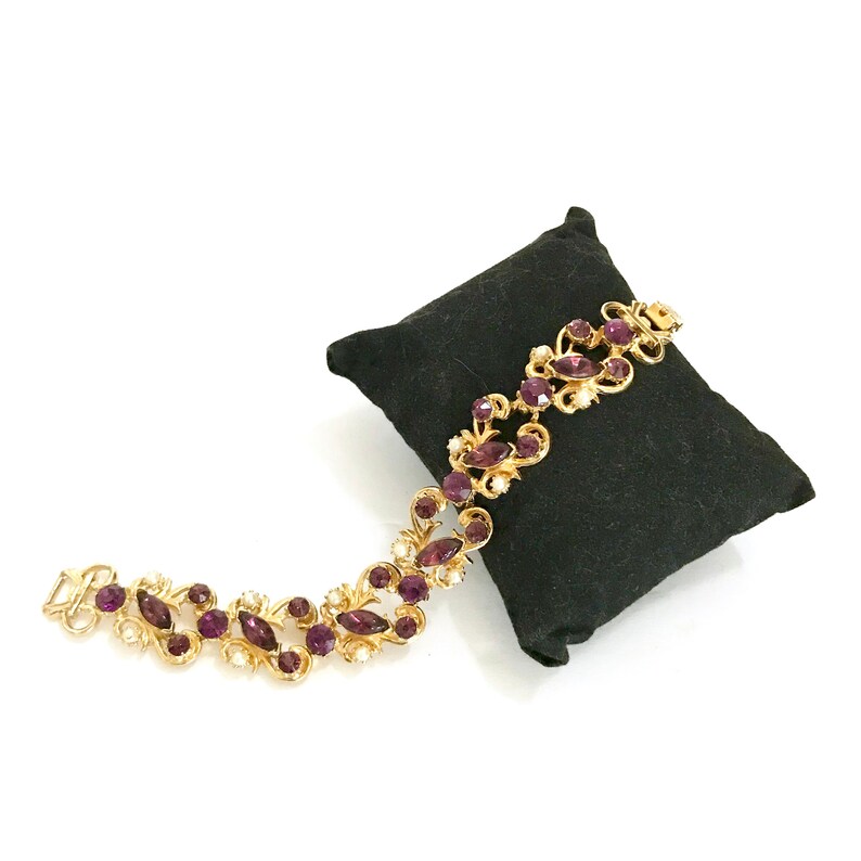 Florenza Rhinestone /& Fx Pearl Link Bracelet Amethyst Chaton Marquis Stones Faux Pearl Floral Swirled Gold Tone Wedding Gift for Her