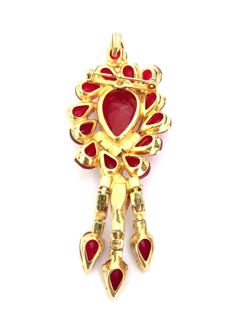Vintage Jewelry Dangle Juliana D/&E Statement Brooch Gold Tone Metal Red AB Accents Huge Siam Red Rhinestone BroochPendant