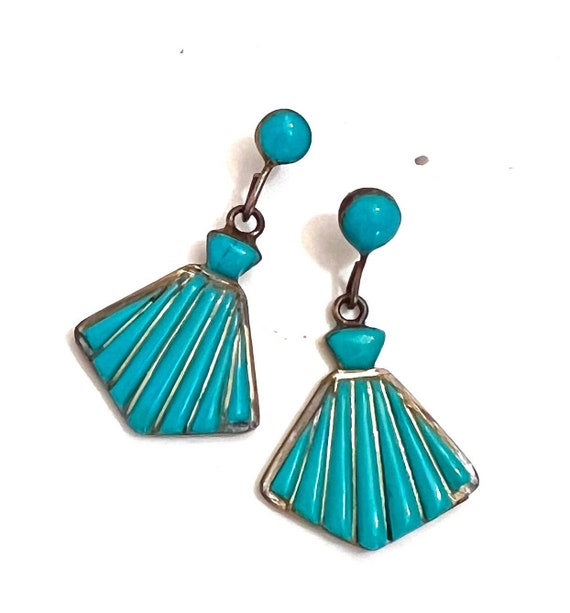 Sterling Silver and Turquoise Earrings Fan Shaped… - image 1
