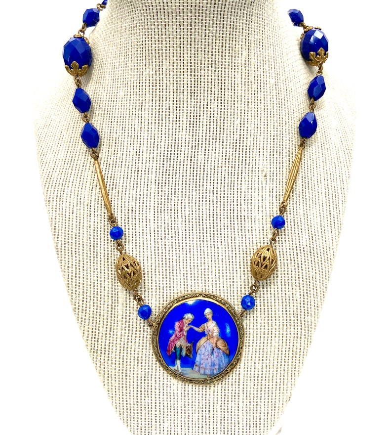 Czech Glass Courting Couple Necklace Hand Painted Medallion Cobalt Blue Faceted Czech Glass Beads Alternate Gold Filigree Beads Gift for Her