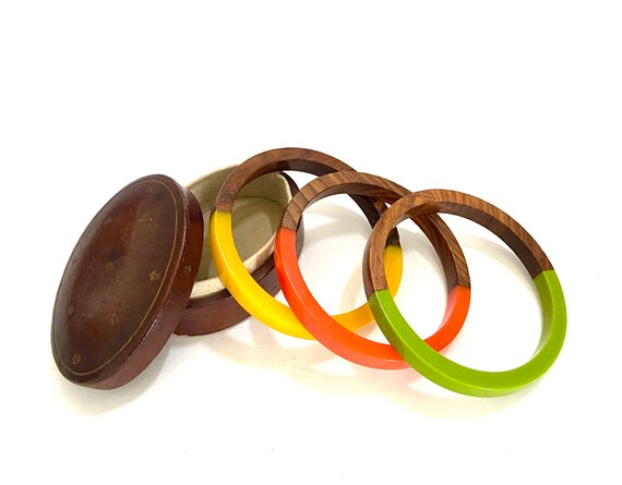 Fun Lot of 3 Lucite & Wood Bangle Orange Yellow a… - image 6