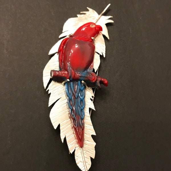 One of a Kind Huge Celluloid Parrot on Sterling Silver Feather Brooch Artisan Made Textured Sterling Mount Vintage European Parrot Gift