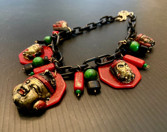 Celluloid and Bakelite Charm Necklace Black Cellu… - image 2