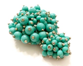 Mastercraft Turquoise Beads Large Dress Clip, Early Frank Tortolani Mark, Silver Tone Metal, Turquoise Beads, Collectible, Gift for Her