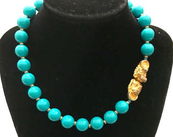Mimi Di N Turquoise Bead Necklace, Turquoise Resin Beads, 11.8mm, Door Knocker Lions Head Clasp, Gold Tone Repousse, Signed, Gift for Her