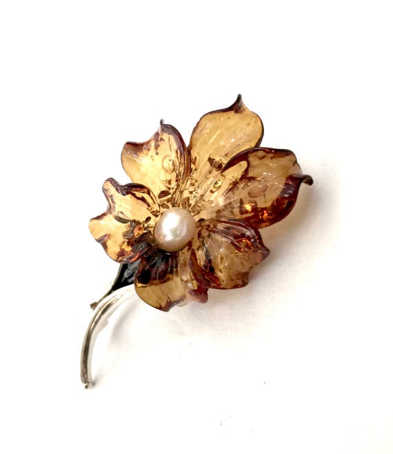 Sterling Silver Floral Brooch Dimensional Amber-l… - image 1